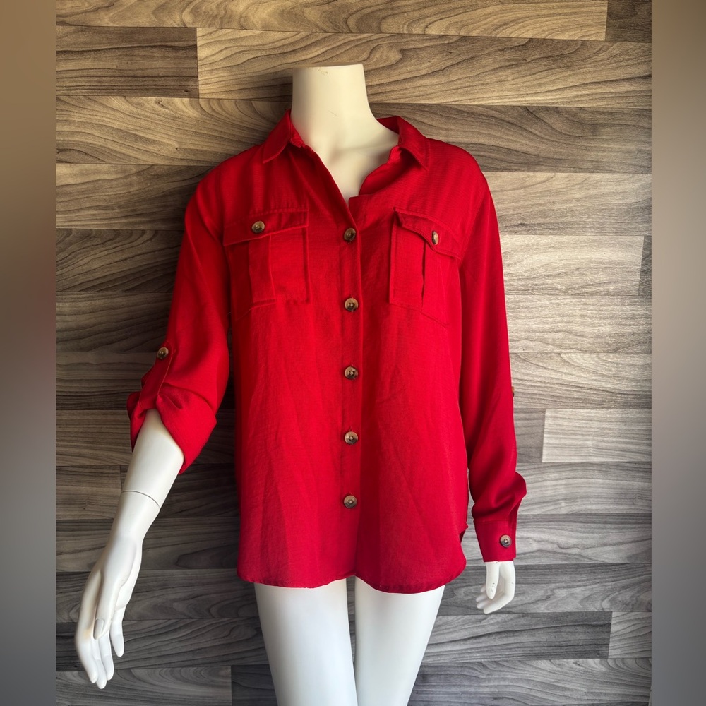 New Directions Red Relaxed Button Down Shirt